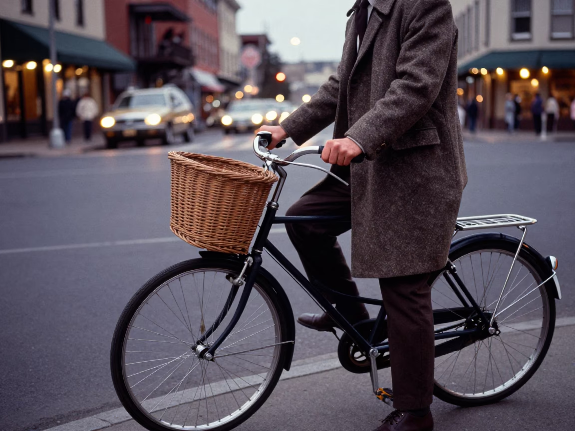 Vintage 1960s Portland Oregon street scene with bicycle basket and city lights in in Portland, Oregon, United States