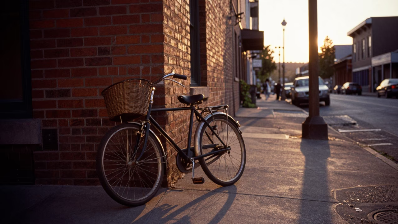Vintage 1960s Portland Oregon Street Scene with Bicycle Basket and Sunset Horizon in in Portland, Oregon, United States