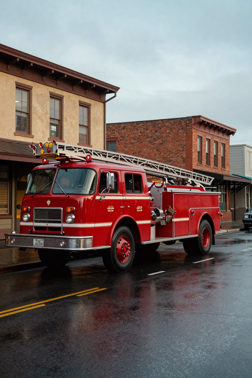 Vintage 1960s Portland Oregon Street Scene with Fire Engine and Brick Buildings in in Portland, Oregon, United States