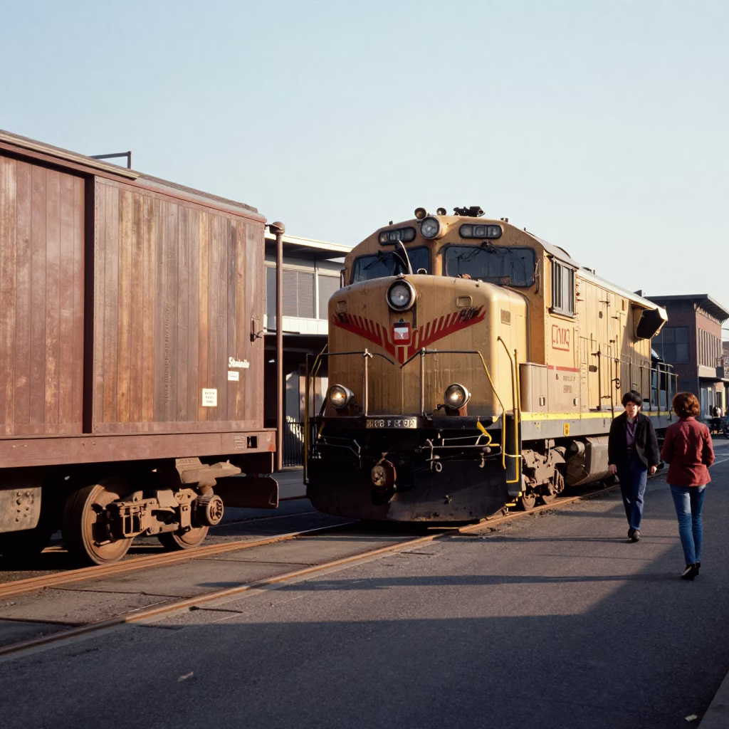 Vintage 1960s Portland Oregon Street Scene with Freight Train and Lumber in in Portland, Oregon, United States