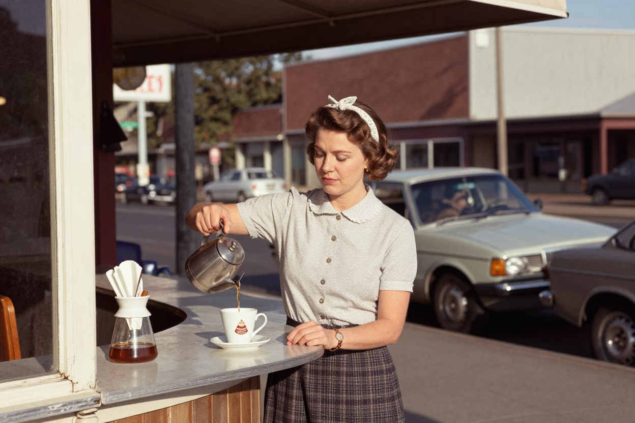 Vintage 1960s Portland Oregon Street Scene with Pour Over Coffee and Local Life in in Portland, Oregon, United States