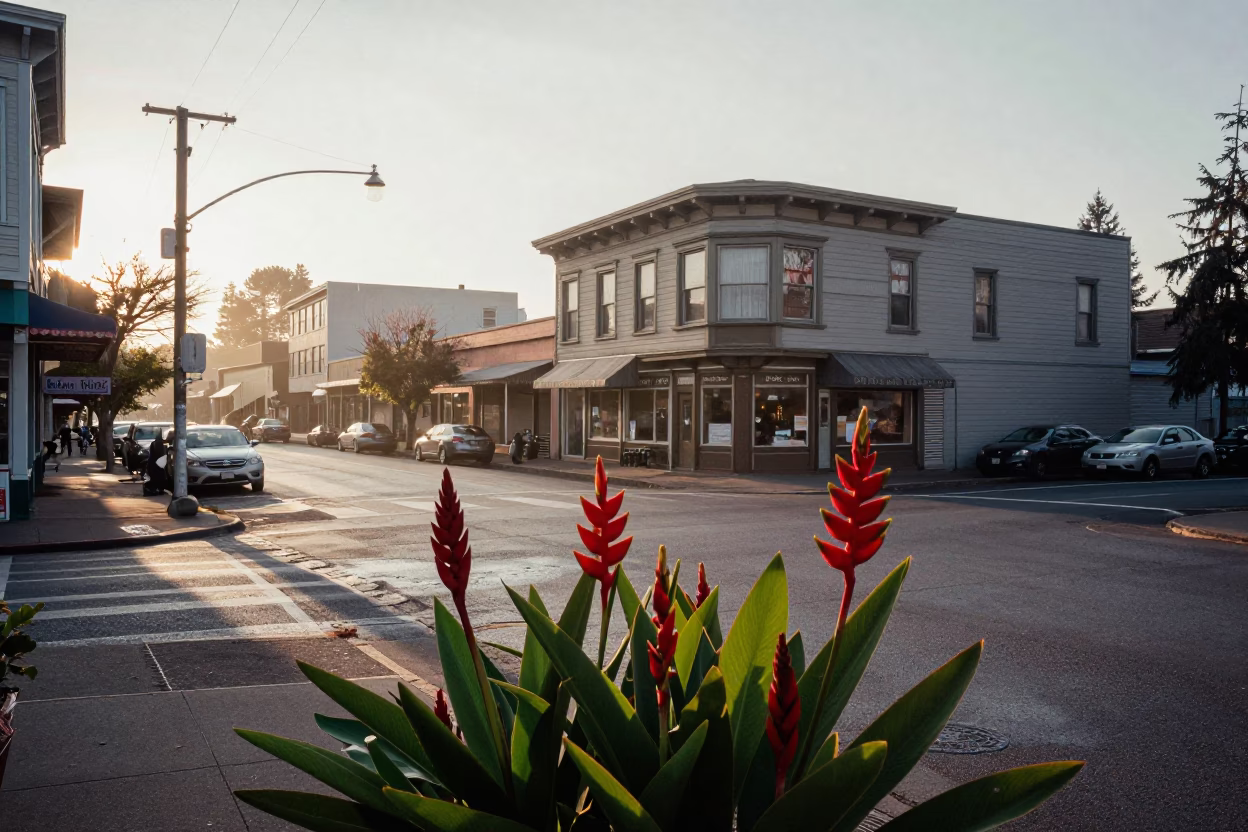 Vintage 1960s Portland Oregon Street Scene with Red Heliconia Flowers and Morning Light in in Portland, Oregon, United States