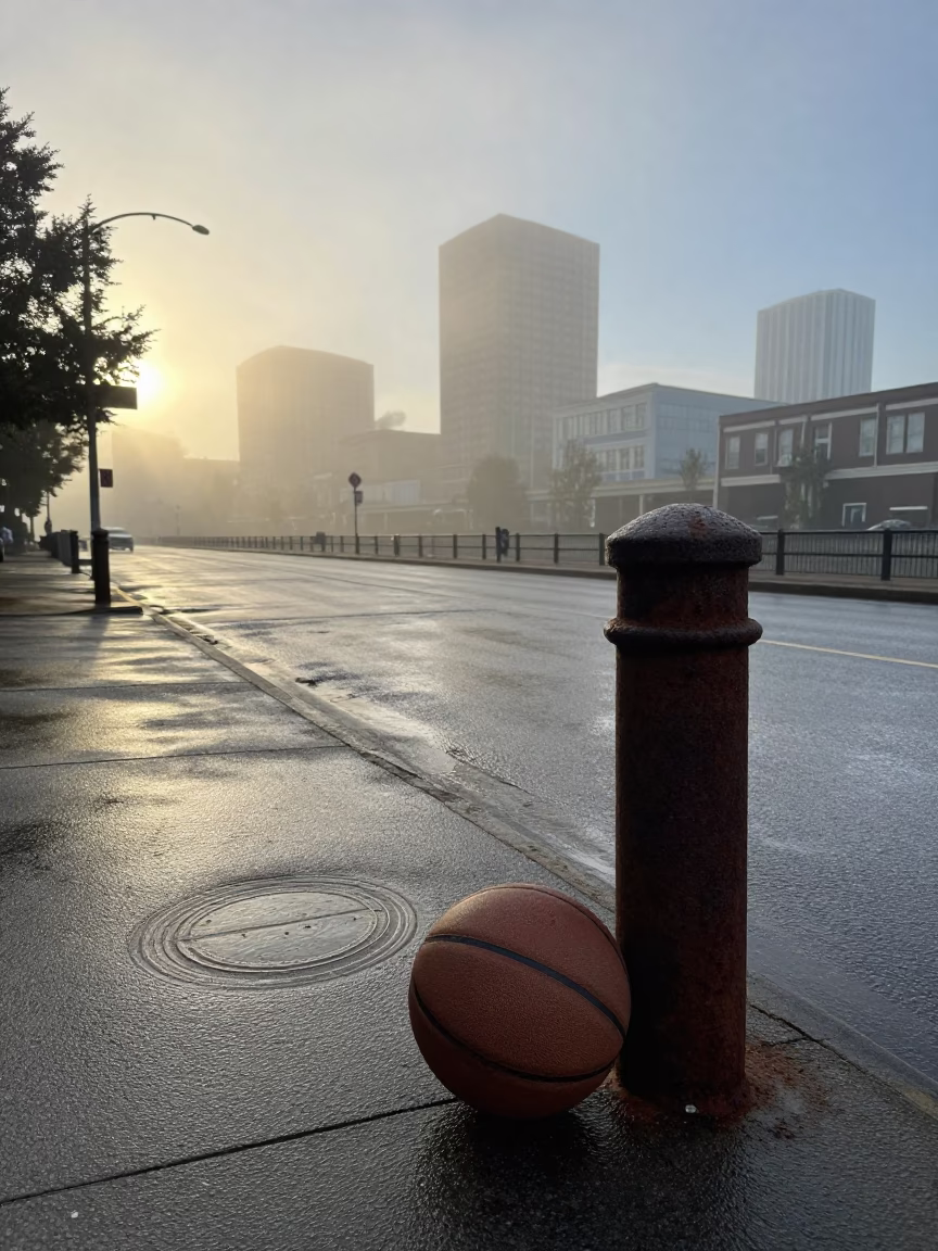 Vintage 1960s Portland Oregon Street Scene with Water Rings and Leather Basketball at Dawn in in Portland, Oregon, United States