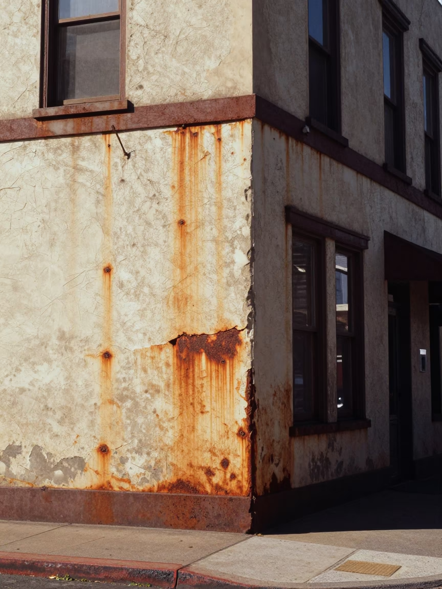 Vintage 1960s Portland Street Scene with Rusty Plaster Wall and Monorail Reflection in in Portland, Oregon, United States