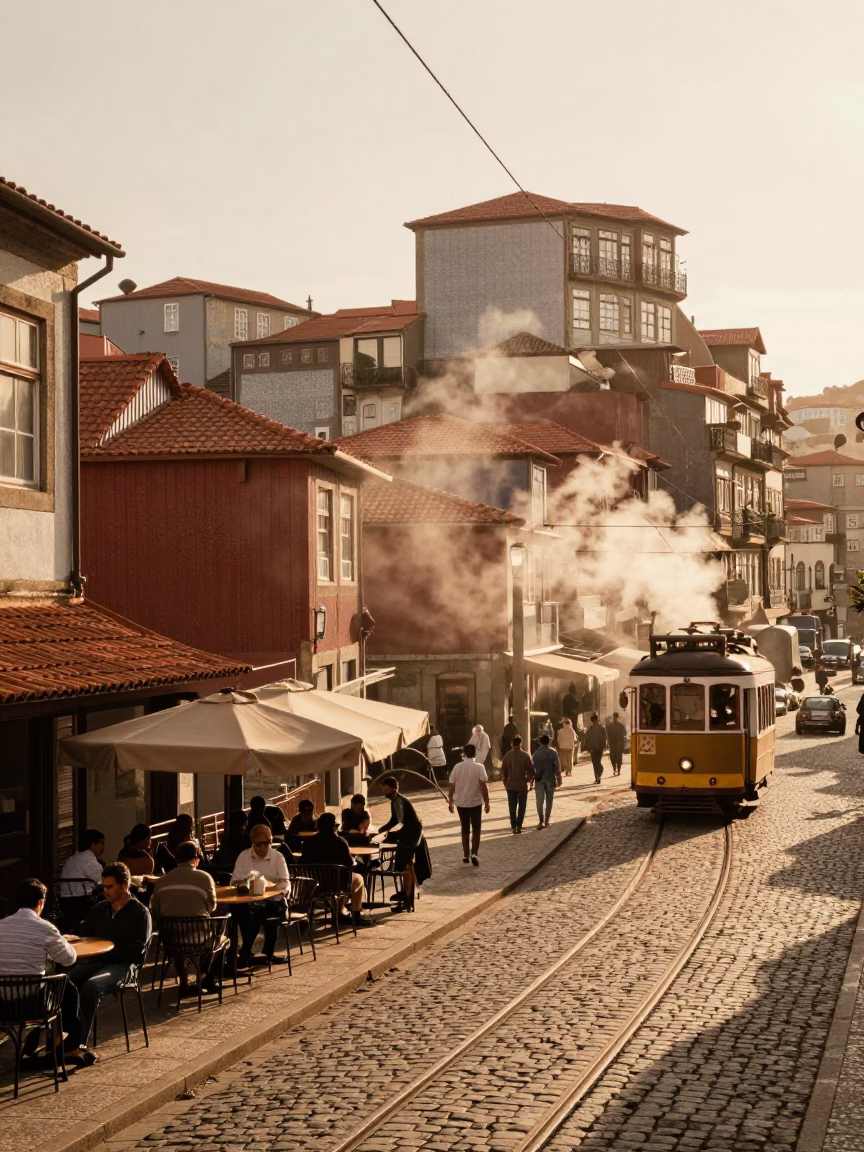 Vintage 1960s Porto Portugal Street Scene with Steam Haze and Local Life in in Porto, Portugal