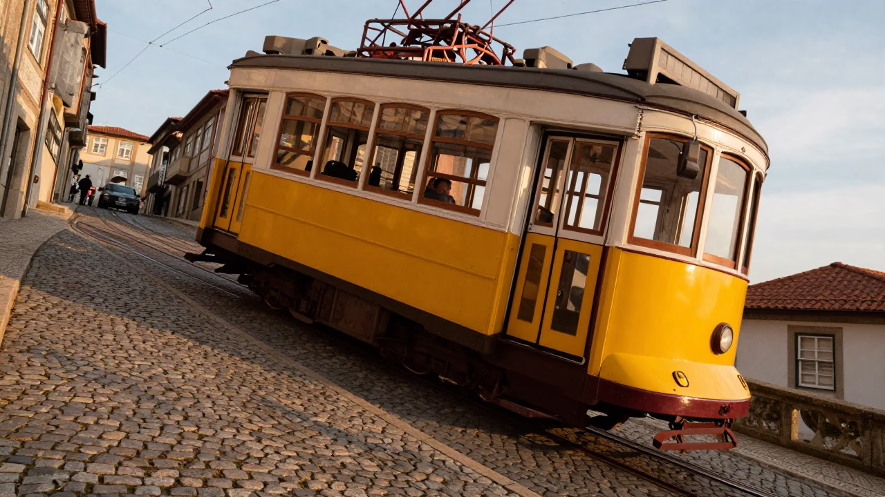 Vintage 1960s Porto Portugal Tram Climbing Steep Cobblestone Hill in Golden Evening Light in in Porto, Portugal