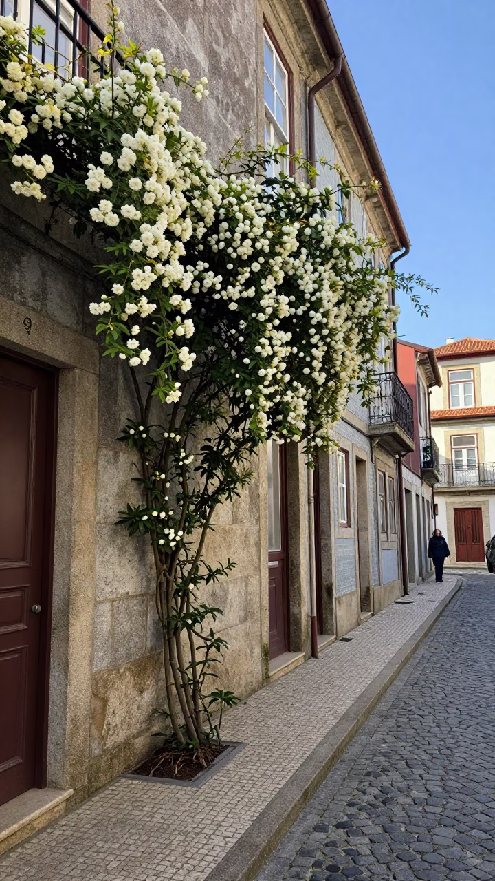 Vintage 1960s Porto Street Scene with Climbing Jasmine and Local Market Basket in in Porto, Portugal