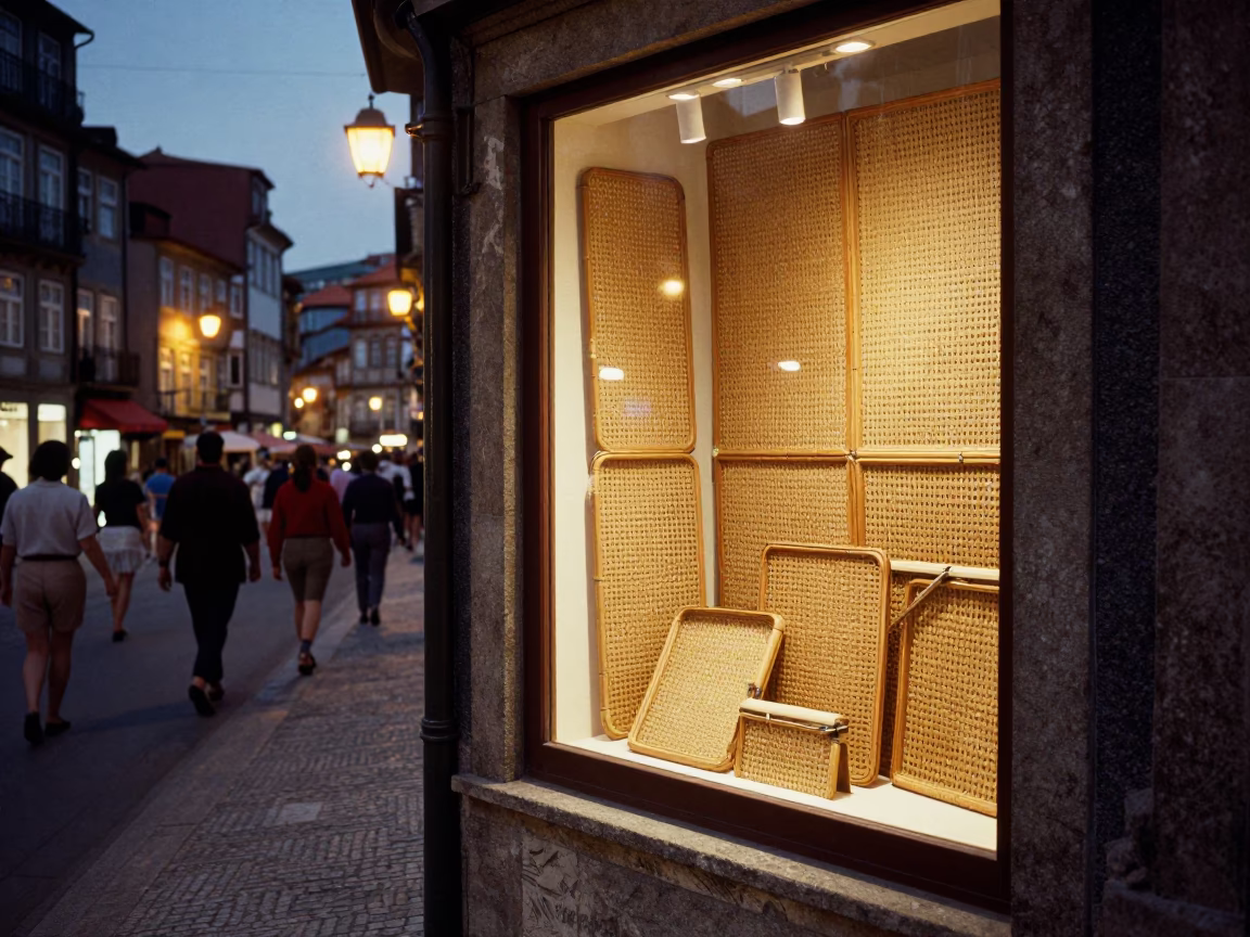 Vintage 1960s Porto Street Scene with Woven Cane Texture and City Lights in in Porto, Portugal
