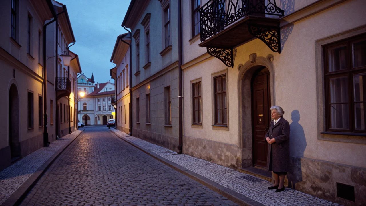 Vintage 1960s Prague Dawn Street Scene with Linen Fringe and Local Life in in Prague, Czech Republic