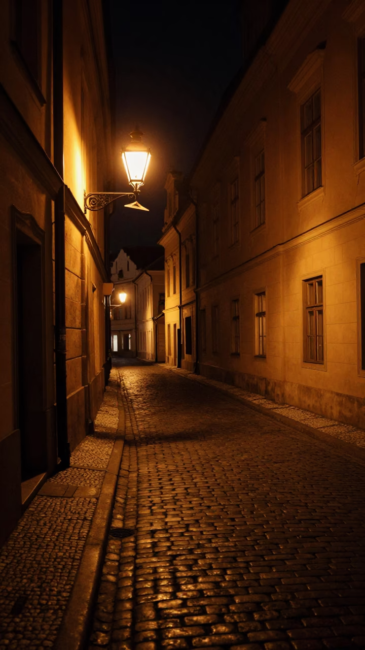Vintage 1960s Prague Night Street Scene with Shirt Hanger and Lampshade in in Prague, Czech Republic