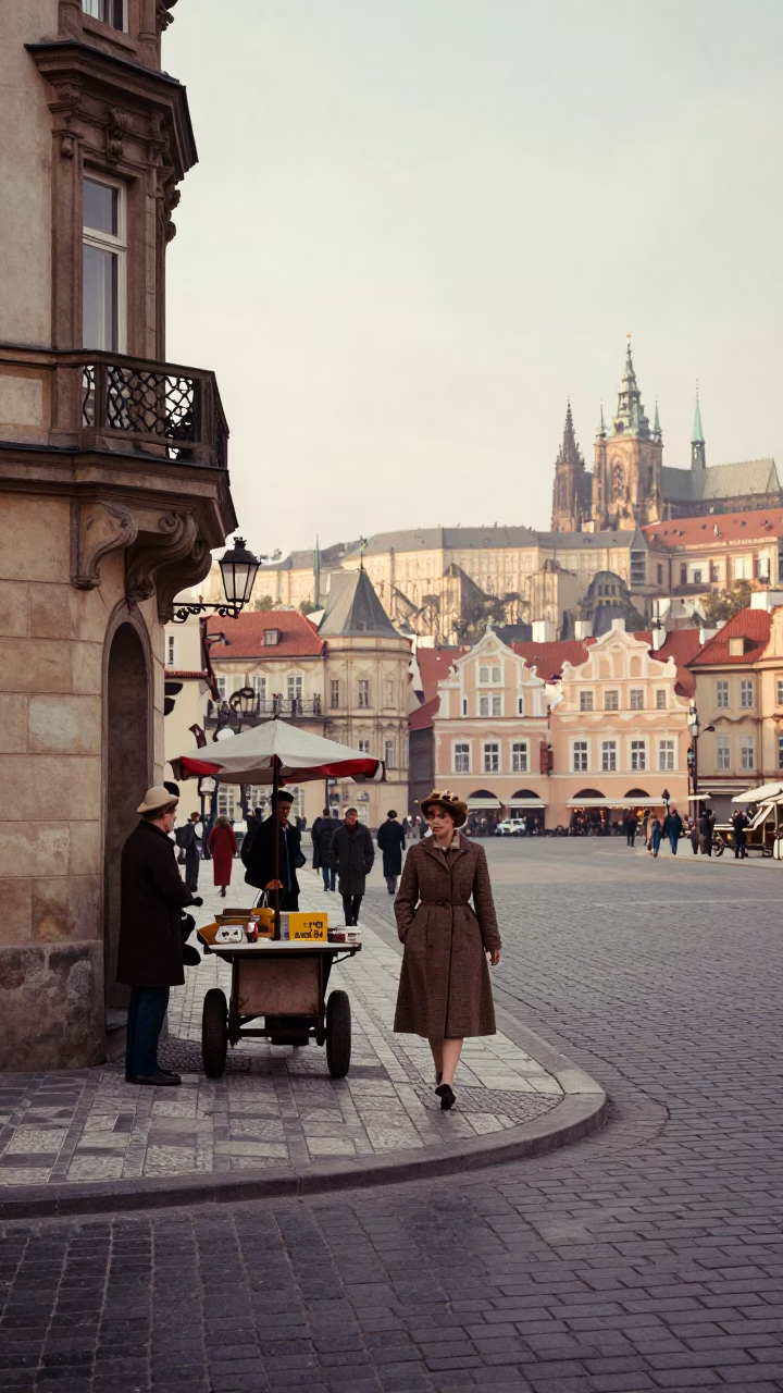 Vintage 1960s Prague Street Scene with Colorful Details and Morning Light in in Prague, Czech Republic