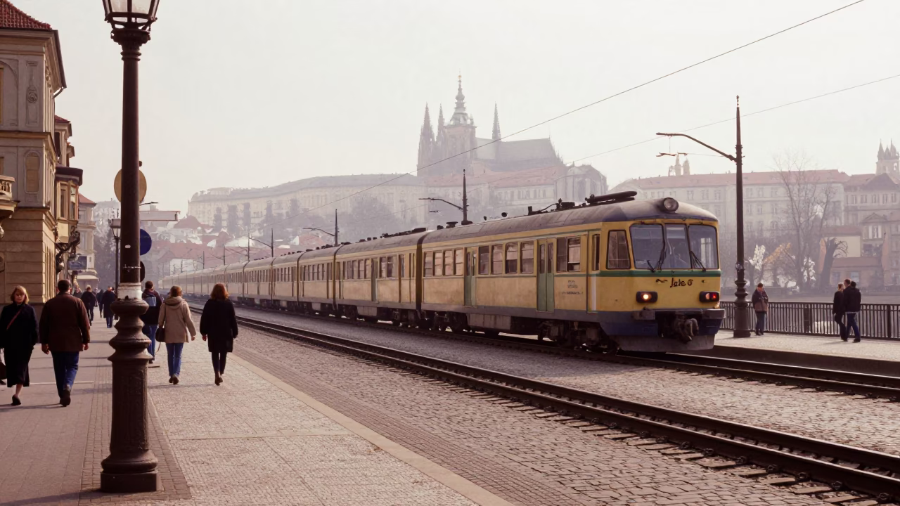 Vintage 1960s Prague Street Scene with Commuter Train and Lantern-Lit Alley in in Prague, Czech Republic