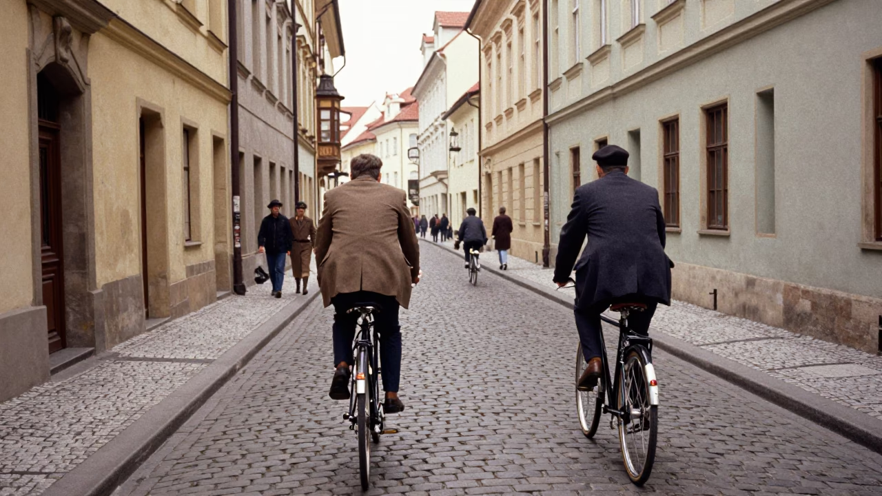 Vintage 1960s Prague Street Scene with Cyclists and Cobblestone Alley in in Prague, Czech Republic