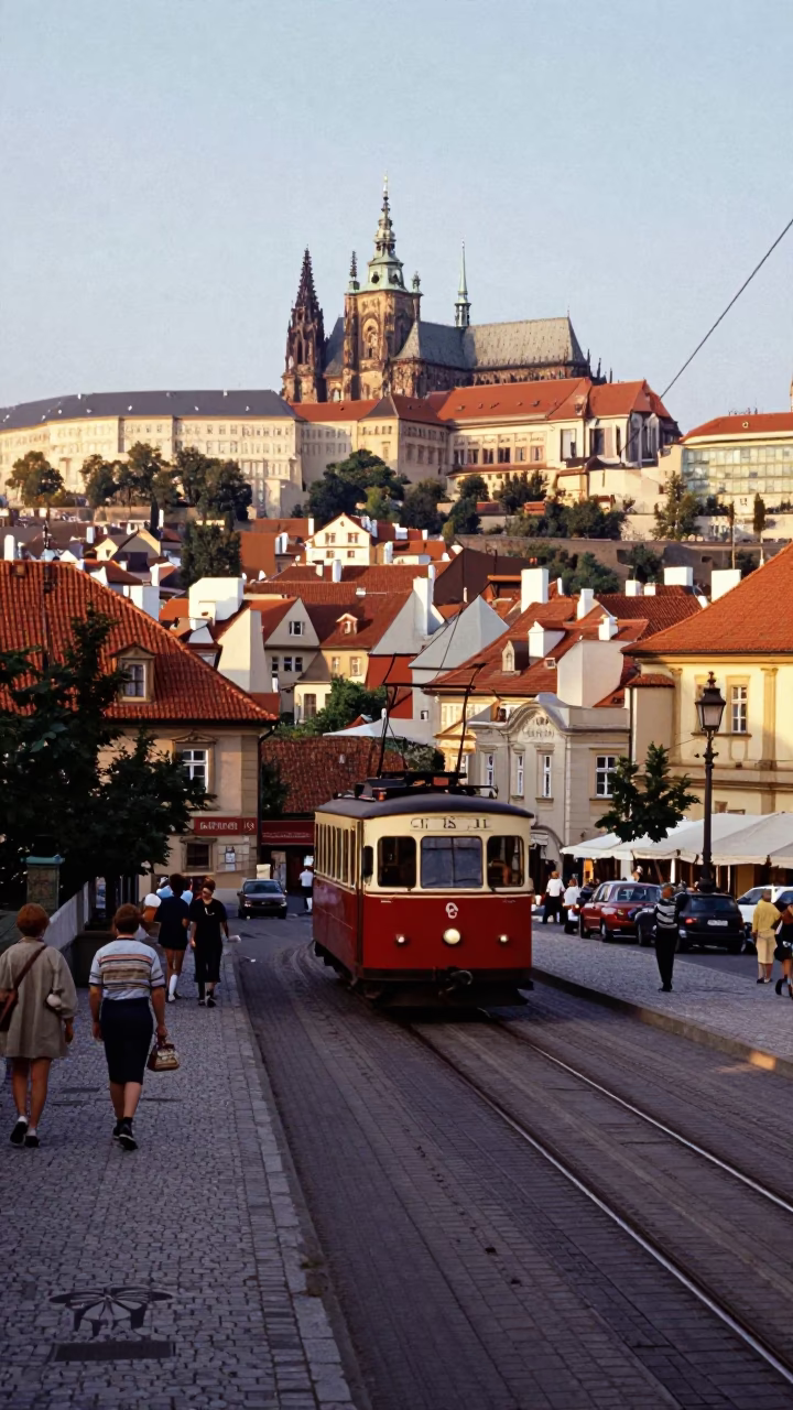 Vintage 1960s Prague Street Scene with Funicular Railway and Cobblestone Architecture in in Prague, Czech Republic