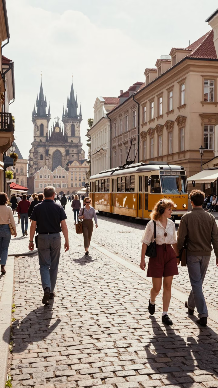 Vintage 1960s Prague Street Scene with Locals and Historic Architecture in in Prague, Czech Republic