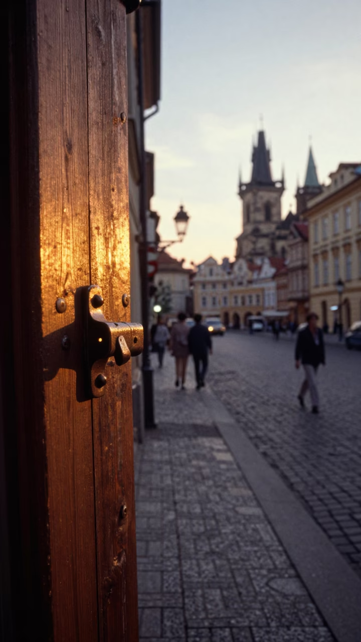 Vintage 1960s Prague Sunset Street Scene with Latch and Glass Handle Details in in Prague, Czech Republic