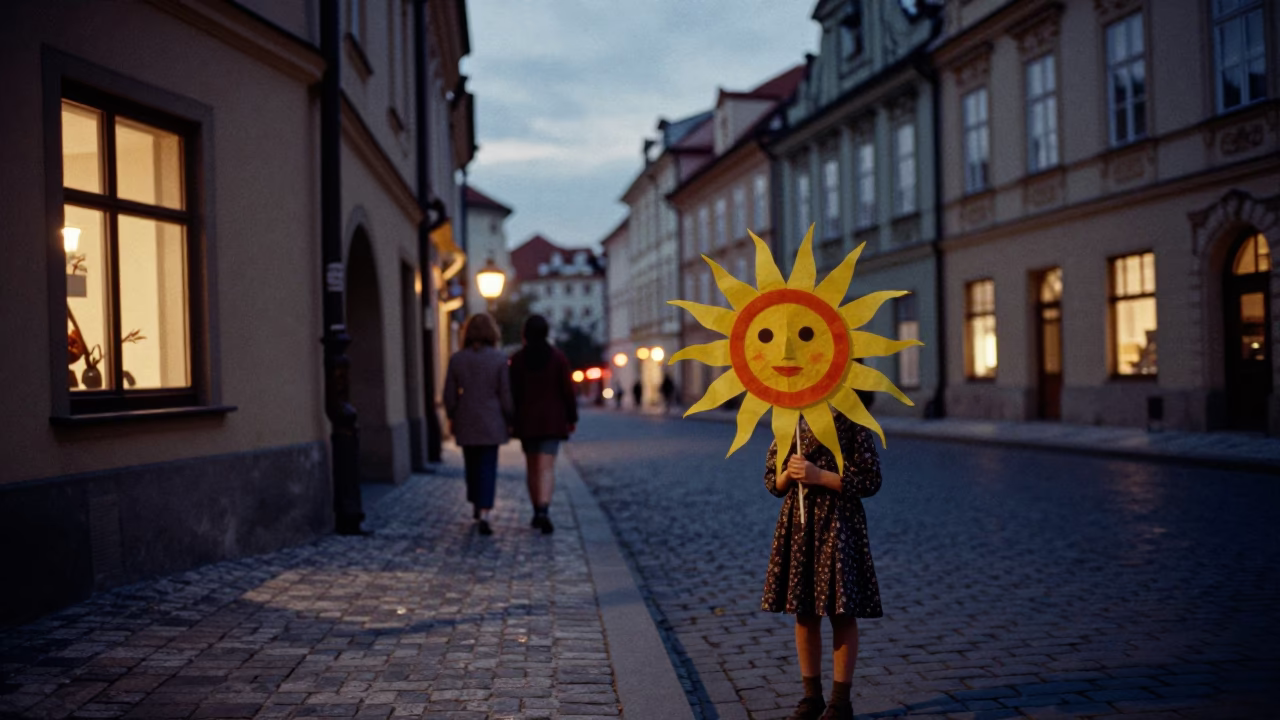 Vintage 1960s Prague Twilight Street Scene with Child Holding Handmade Tissue Paper Sun Craft in in Prague, Czech Republic