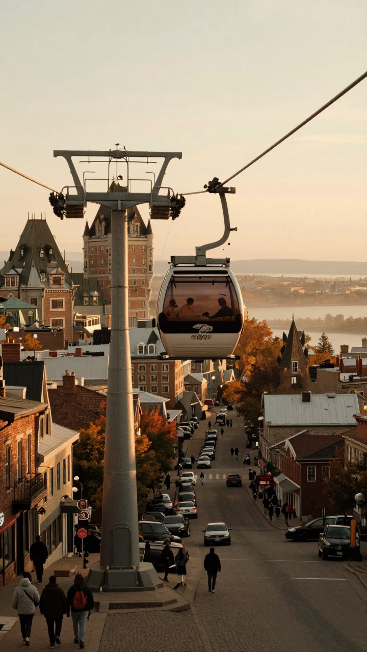 Vintage 1960s Quebec City Evening Gondola Lift and Cityscape in Honeyed Light in in Quebec City, Quebec, Canada