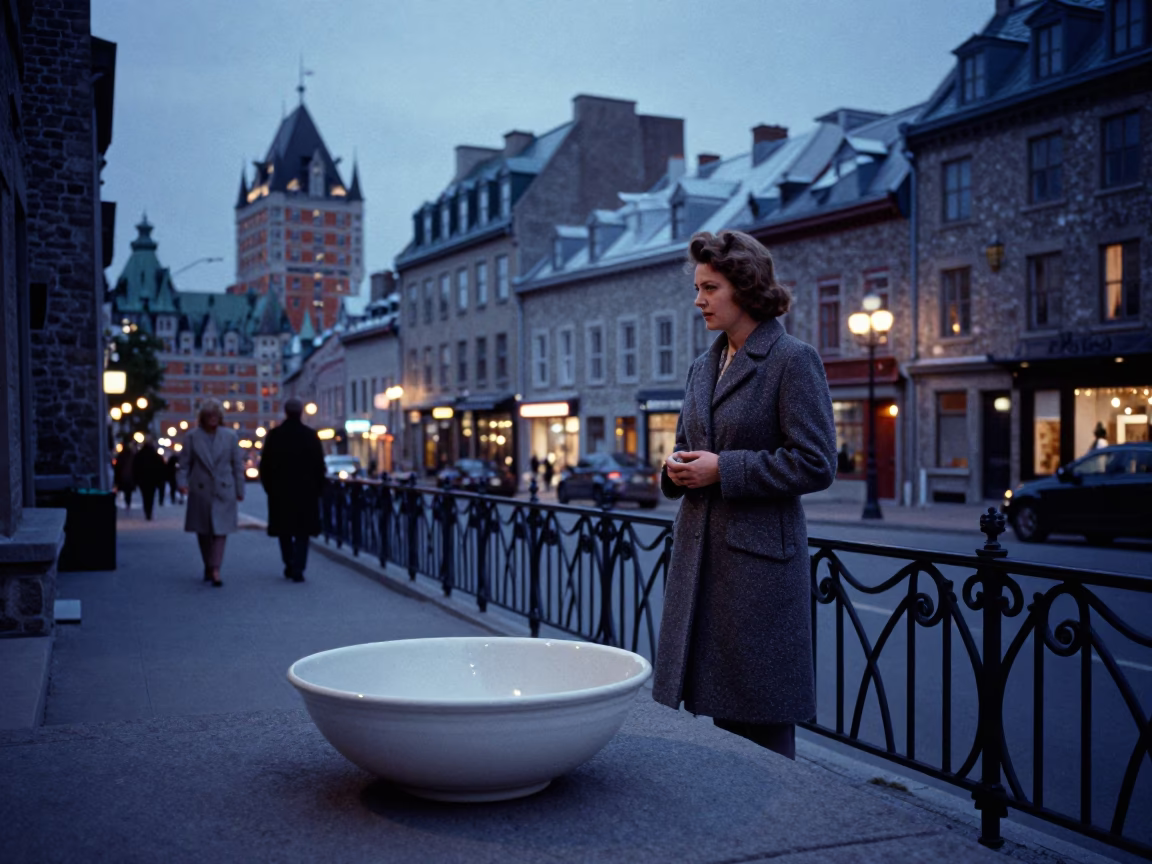 Vintage 1960s Quebec City Evening Street Scene with Ceramic Bowl and Thread Spool in in Quebec City, Quebec, Canada