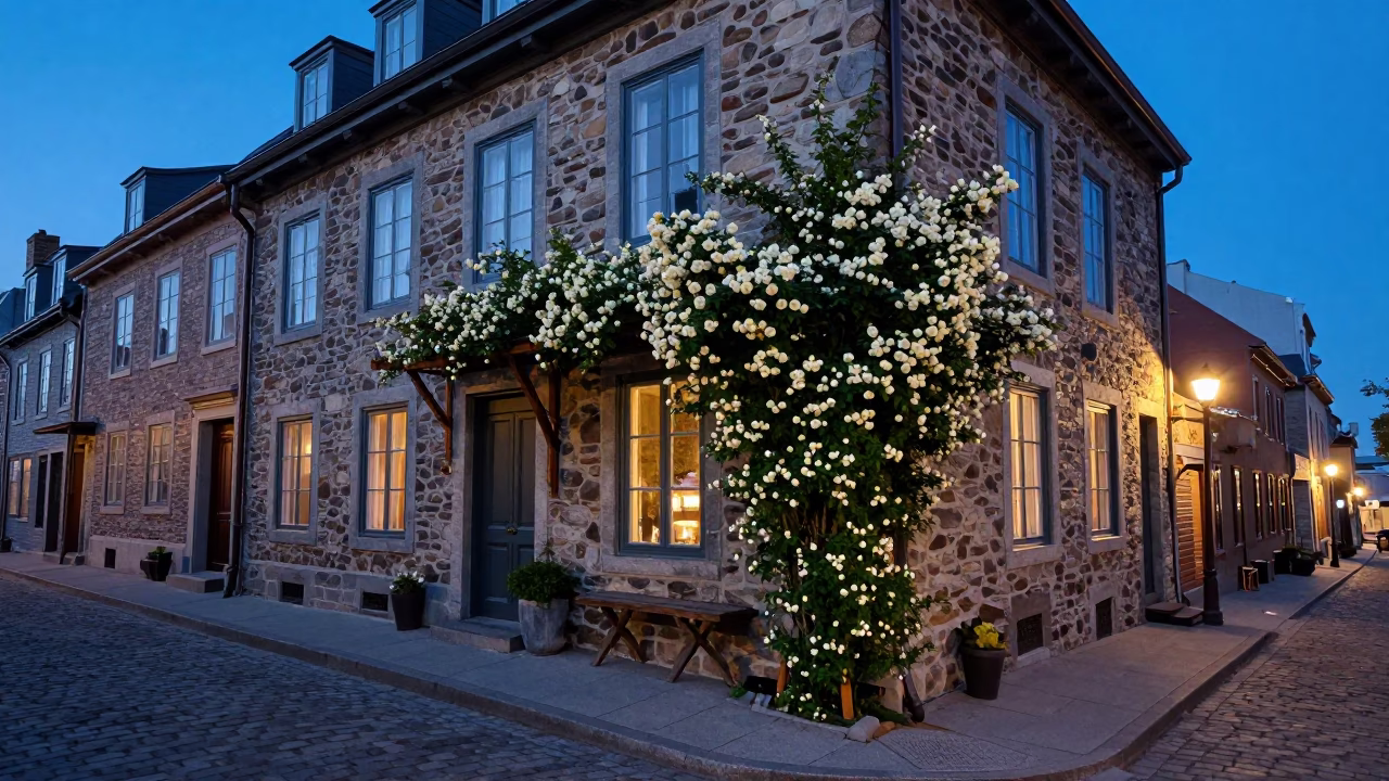 Vintage 1960s Quebec City Evening Street Scene with Climbing Jasmine and Historic Stone Architecture in in Quebec City, Quebec, Canada