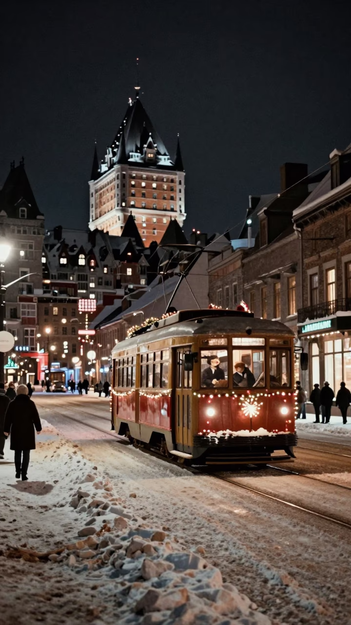 Vintage 1960s Quebec City Night Street Scene with Tramcar and Snowy Avenue in in Quebec City, Quebec, Canada