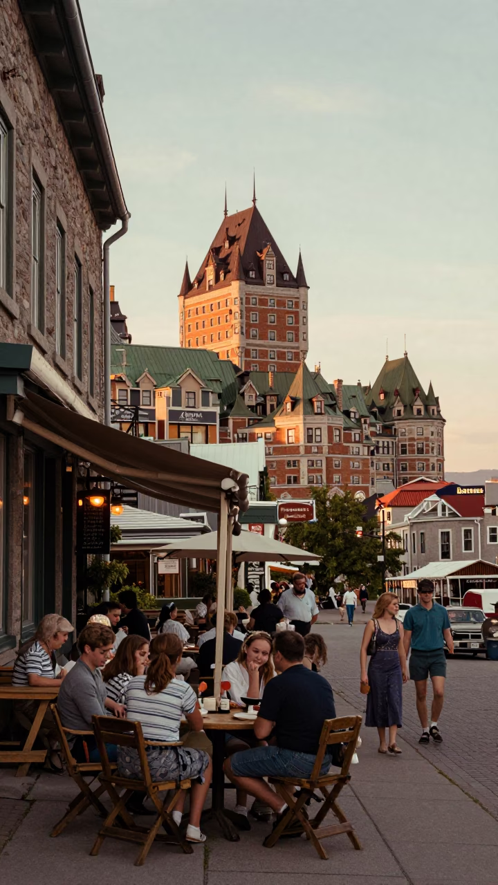 Vintage 1960s Quebec City Street Scene at Sunset with Local Cafeteria in in Quebec City, Quebec, Canada