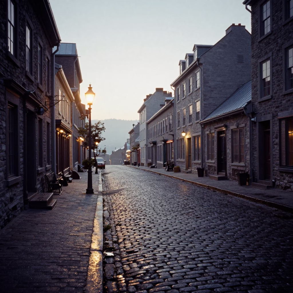 Vintage 1960s Quebec City Street Scene Before Dawn with Local Interaction in in Quebec City, Quebec, Canada