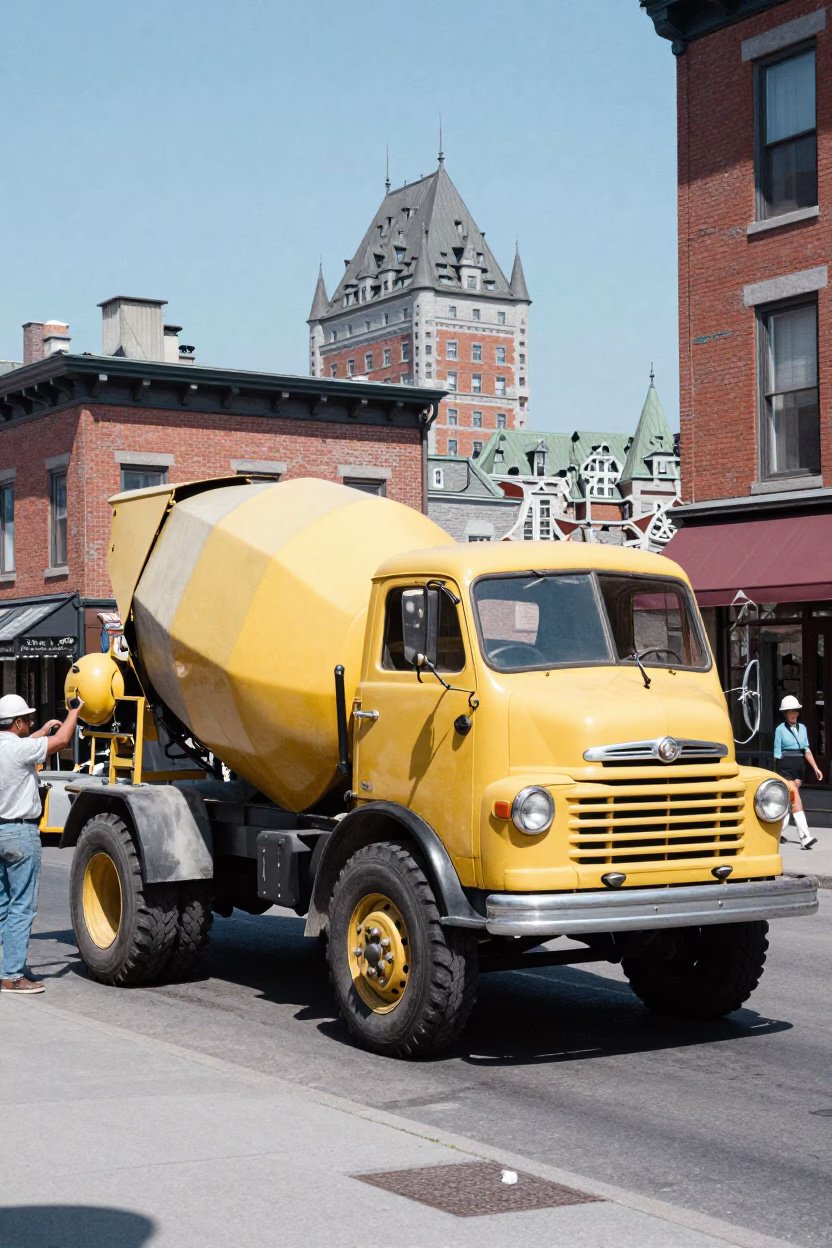 Vintage 1960s Quebec City Street Scene with Cement Mixer and Turnbuckle Under Noon Sun in in Quebec City, Quebec, Canada