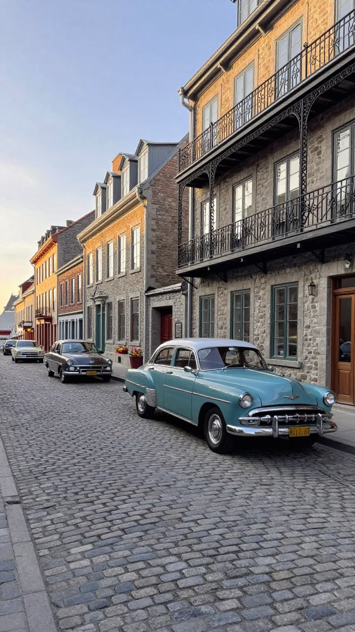 Vintage 1960s Quebec City Street Scene with Classic Cars and Historic Stone Architecture in in Quebec City, Quebec, Canada