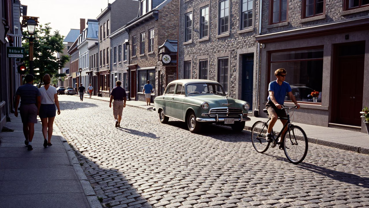 Vintage 1960s Quebec City Street Scene with Cobblestones and Classic Cars in in Quebec City, Quebec, Canada