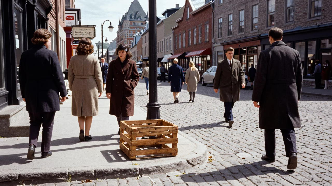 Vintage 1960s Quebec City Street Scene with Crate and Local Commerce in in Quebec City, Quebec, Canada