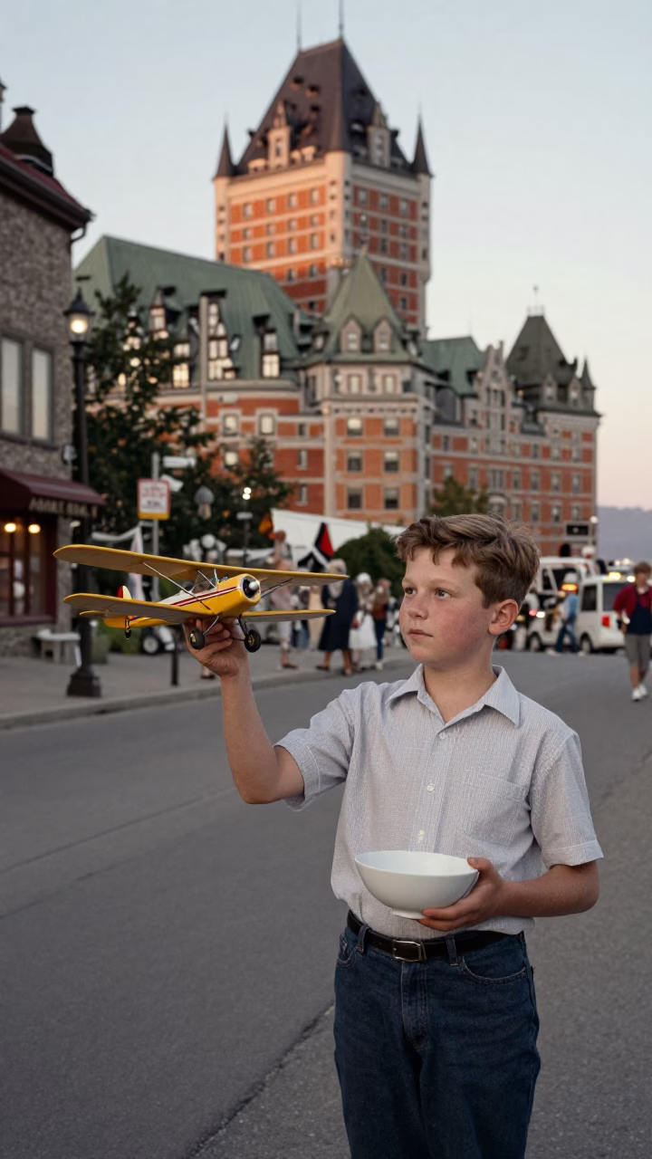 Vintage 1960s Quebec City Street Scene with Model Airplane and Blue Porcelain Bowl in in Quebec City, Quebec, Canada