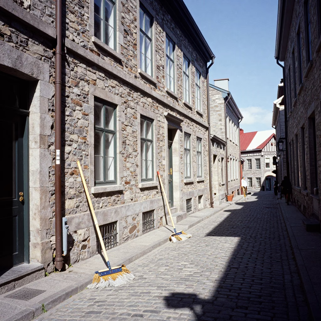 Vintage 1960s Quebec City Street Scene with Mops and Urban Details in in Quebec City, Quebec, Canada