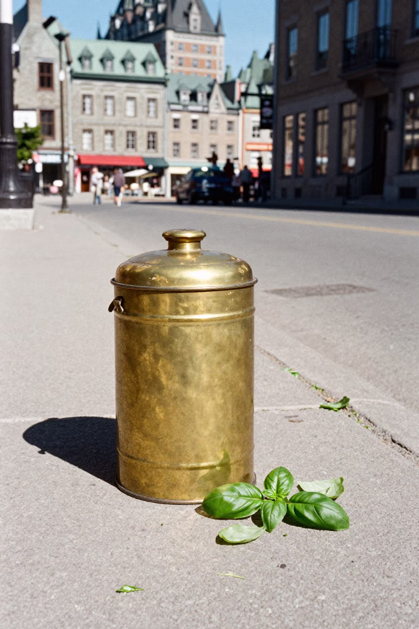 Vintage 1960s Quebec City Street Scene with Tiffin Tin and Basil Leaves on Cobblestone in in Quebec City, Quebec, Canada