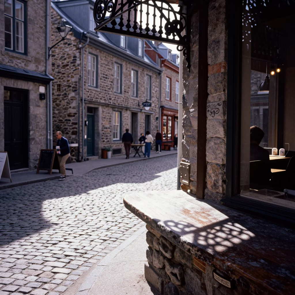 Vintage 1960s Quebec City Street Scene with Wicker Shadow and Historic Architecture in in Quebec City, Quebec, Canada