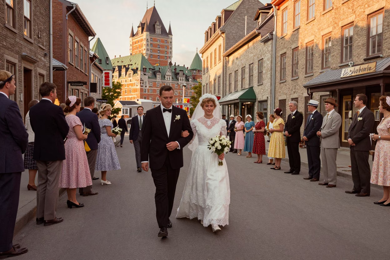 Vintage 1960s Quebec City Sunset Street Scene with Traditional Wedding Procession in in Quebec City, Quebec, Canada