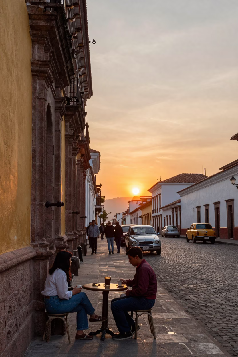 Vintage 1960s Quito Ecuador Street Scene at Sunset with Coffee Mugs in in Quito, Ecuador