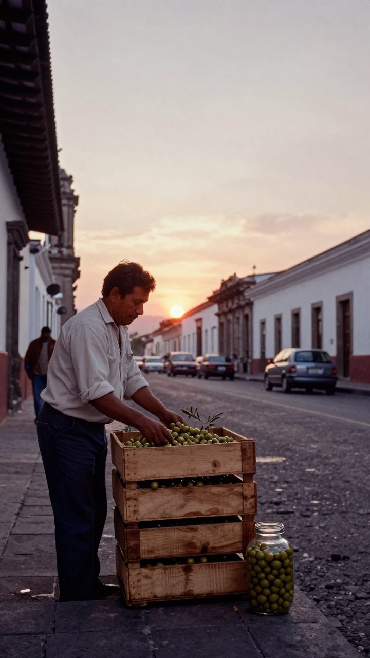 Vintage 1960s Quito Street Scene with Crate and Olives at Sunset in in Quito, Ecuador