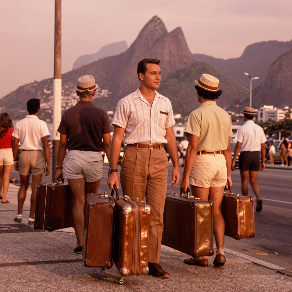 Vintage 1960s Rio de Janeiro Street Scene with Suitcases Under Copper Dusk Light in in Rio de Janeiro, Brazil