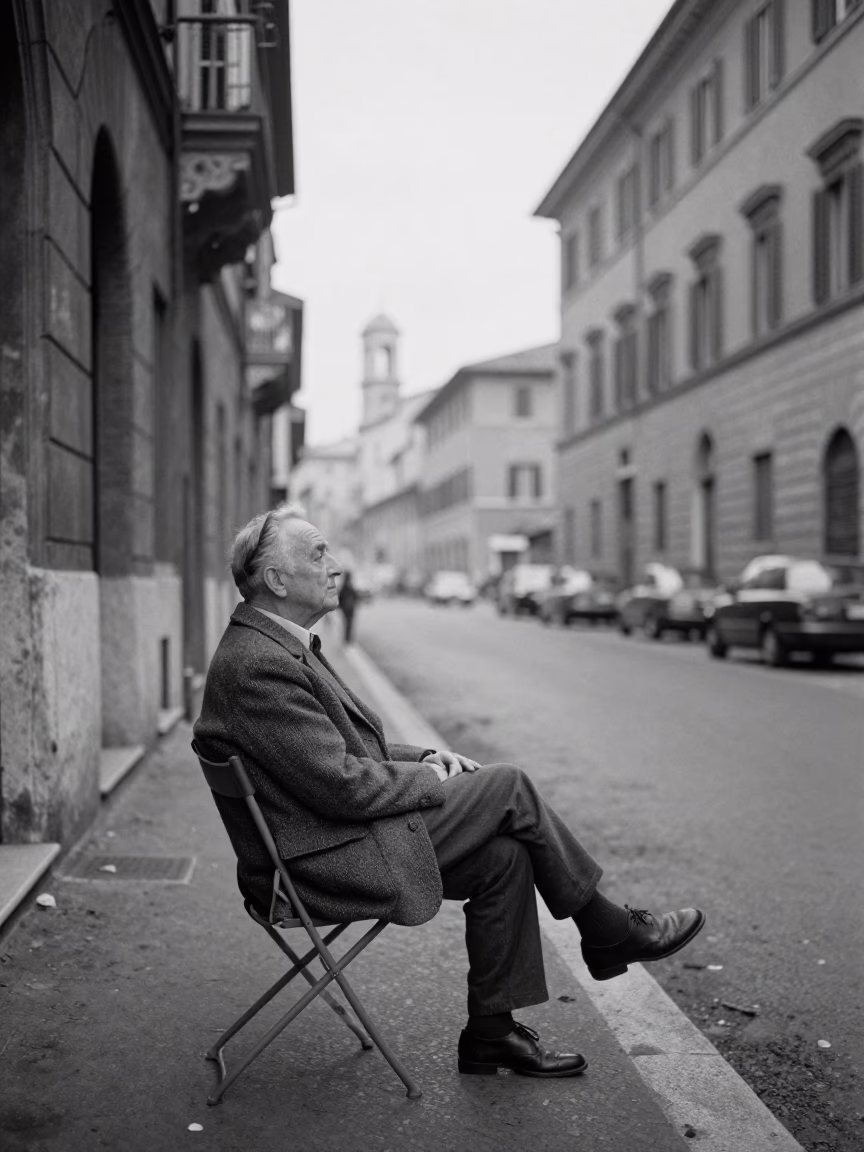 Vintage 1960s Rome Dawn Street Scene with Folding Chair and Glass Carafe in in Rome, Italy