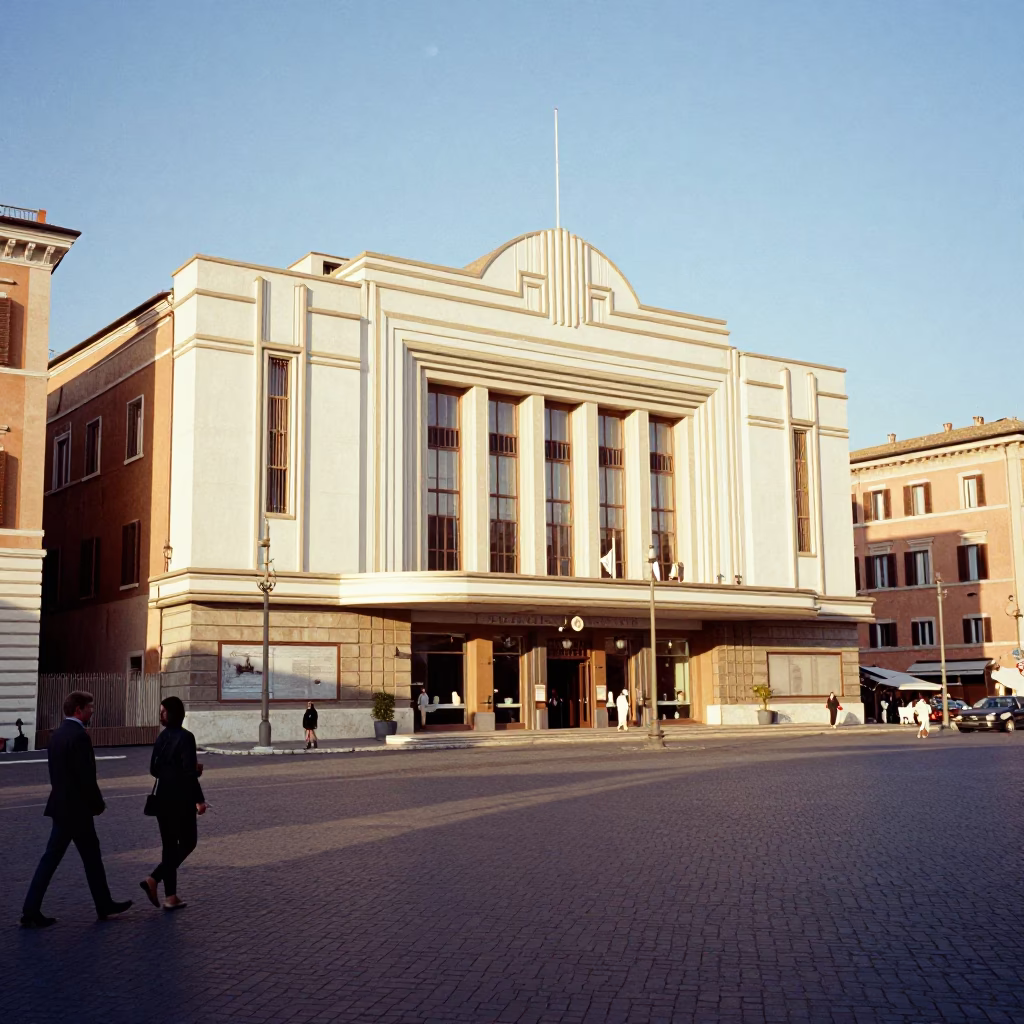 Vintage 1960s Rome Street Scene with Art Deco Cinema Facade and Thimble Detail in in Rome, Italy