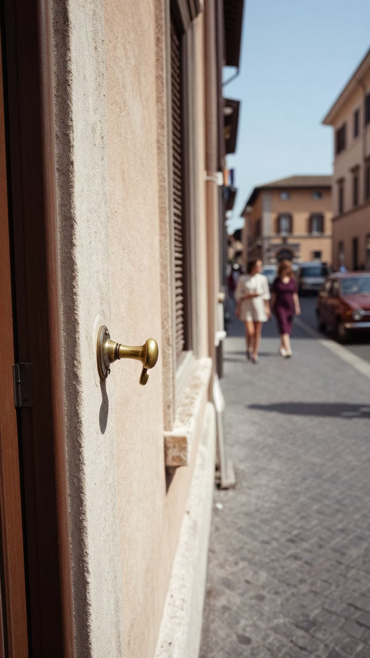 Vintage 1960s Rome Street Scene with Door Handle and Fingerprints on Saucer in in Rome, Italy