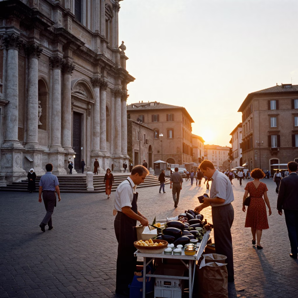 Vintage 1960s Rome street scene with eggplants and local market activity at sunset in in Rome, Italy