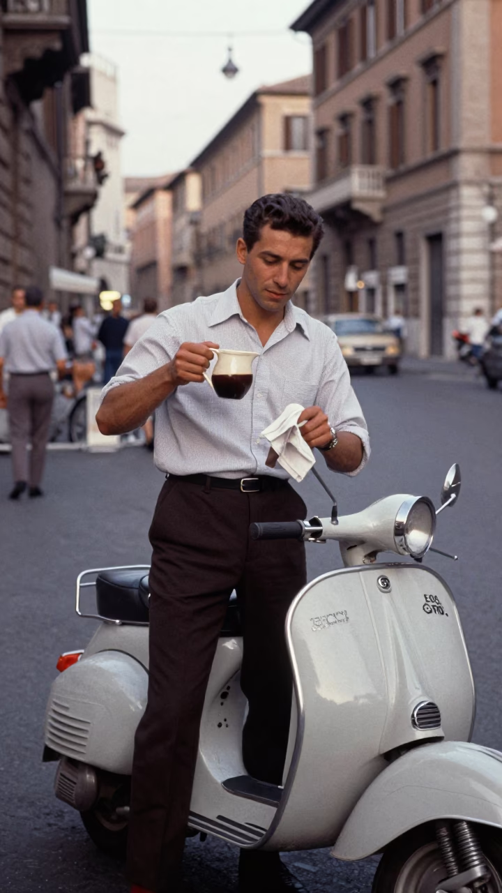Vintage 1960s Rome Street Scene with Italian Scooter and Coffee Break in in Rome, Italy