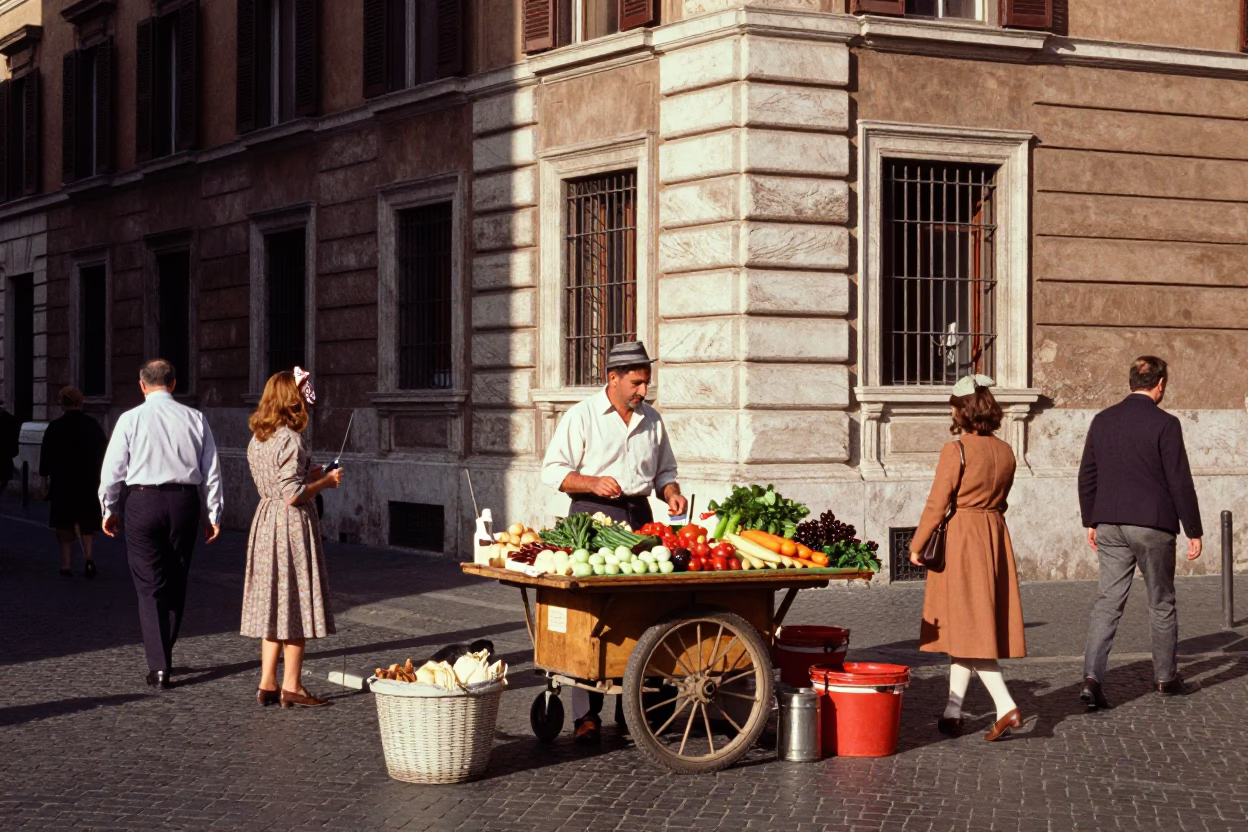 Vintage 1960s Rome Street Scene with Local Vendor and Gate Handle Detail in in Rome, Italy