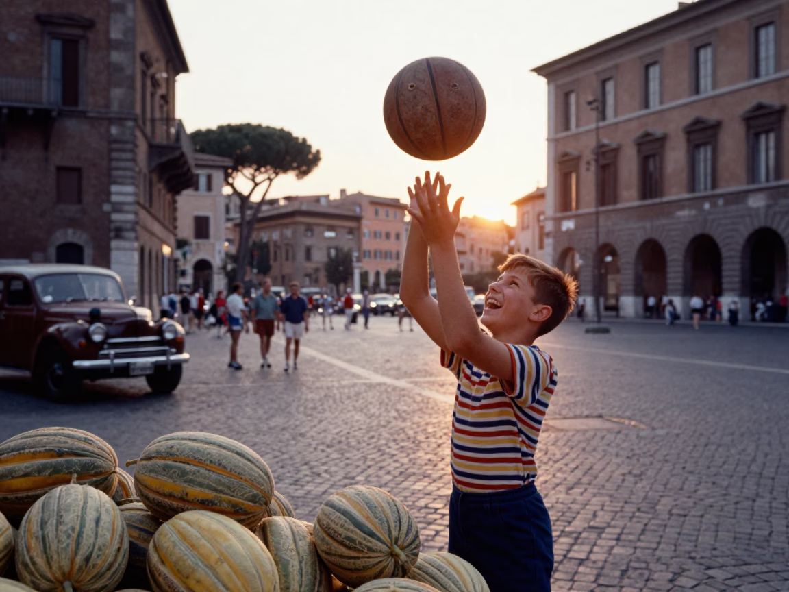 Vintage 1960s Rome Street Scene with Melons and Old Leather Basketball in in Rome, Italy