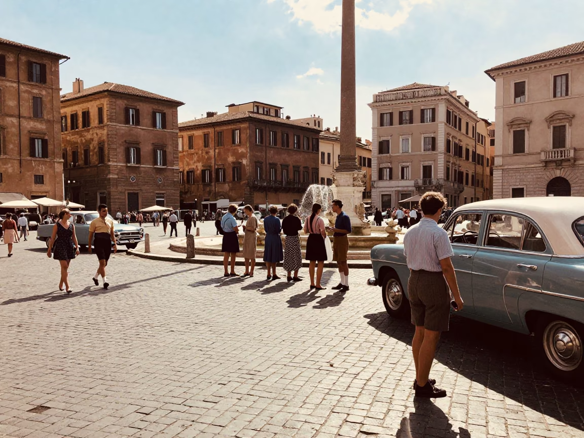 Vintage 1960s Rome Street Scene with Pedestrians and Classic Architecture in in Rome, Italy