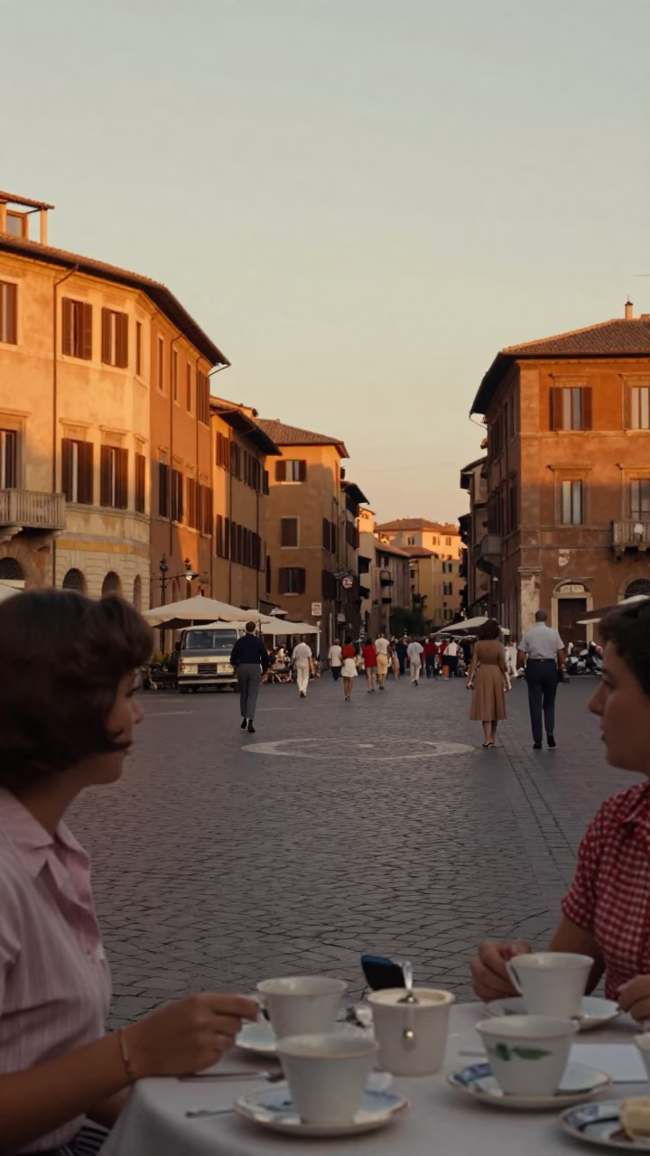 Vintage 1960s Rome Sunset Street Scene with Tea Cups and Local Interaction in in Rome, Italy