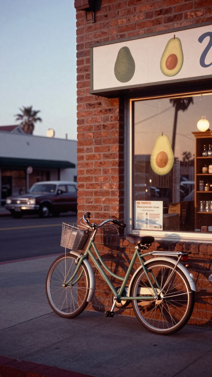 Vintage 1960s San Diego Evening Street Scene with Avocados and Bicycle in in San Diego, California, United States