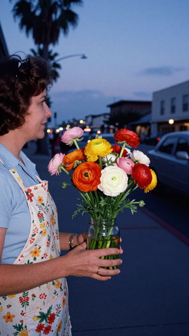 Vintage 1960s San Diego Evening Street Scene with Ranunculus Bouquet and Apron in in San Diego, California, United States